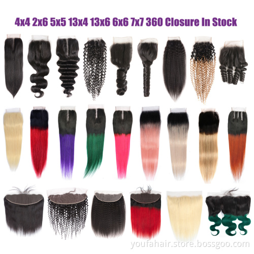 Ombre Colored 1B Blue Pre Plucked Straight Wave Lace Frontal 13x4 with Baby Hair 4x4 2x6 13x6 Human Virgin Hair Closure Frontal